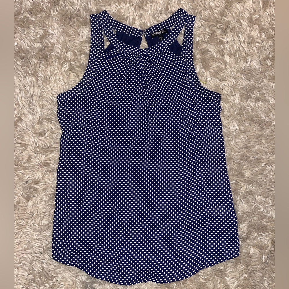 Express navy tank with white polka dots